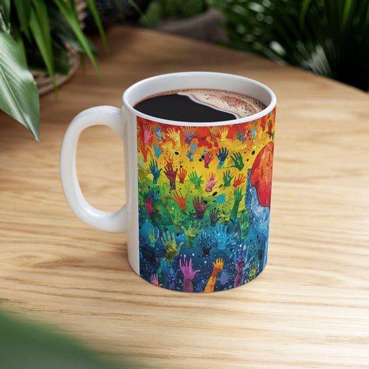 ColorFlow | Heart of Pride Art Mug | Rainbow Hands Coffee Cup | 15 oz Ceramic Mug | Love Unity Kindness Gift