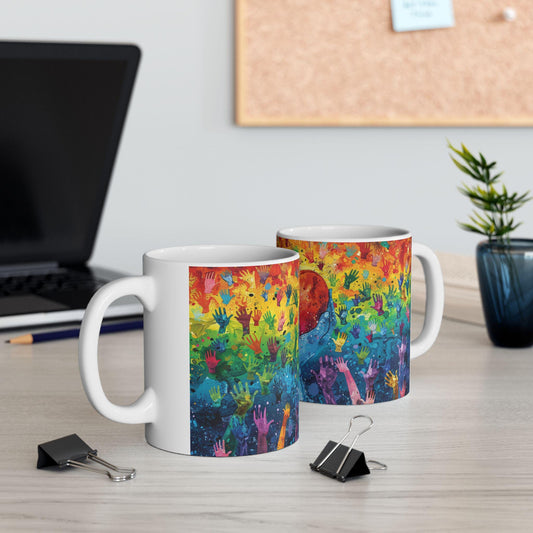 ColorFlow | Heart of Pride Art Mug | Rainbow Hands Coffee Cup | 15 oz Ceramic Mug | Love Unity Kindness Gift