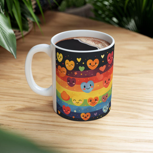 ColorFlow | Rainbow Hearts Smile Mug | Joyful Pride Coffee Cup | 15 oz Ceramic Mug | Cute Colorful Gift for All