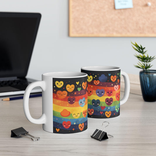 ColorFlow | Rainbow Hearts Smile Mug | Joyful Pride Coffee Cup | 15 oz Ceramic Mug | Cute Colorful Gift for All
