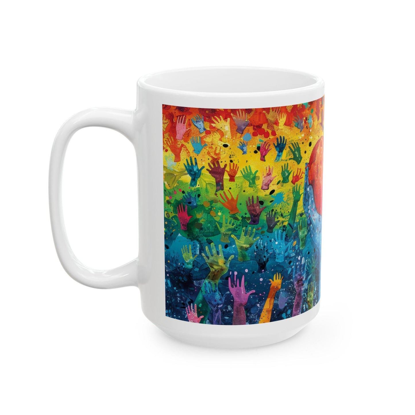 ColorFlow | Heart of Pride Art Mug | Rainbow Hands Coffee Cup | 15 oz Ceramic Mug | Love Unity Kindness Gift