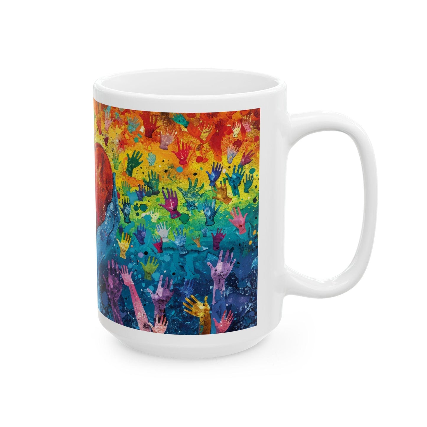 ColorFlow | Heart of Pride Art Mug | Rainbow Hands Coffee Cup | 15 oz Ceramic Mug | Love Unity Kindness Gift