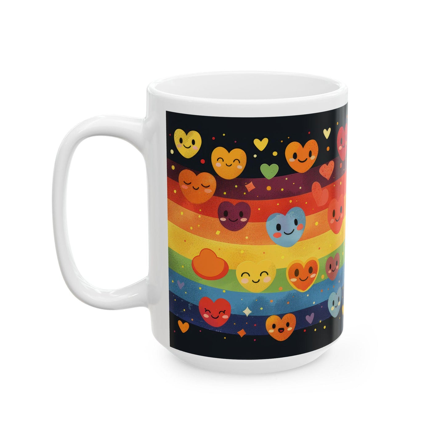 ColorFlow | Rainbow Hearts Smile Mug | Joyful Pride Coffee Cup | 15 oz Ceramic Mug | Cute Colorful Gift for All
