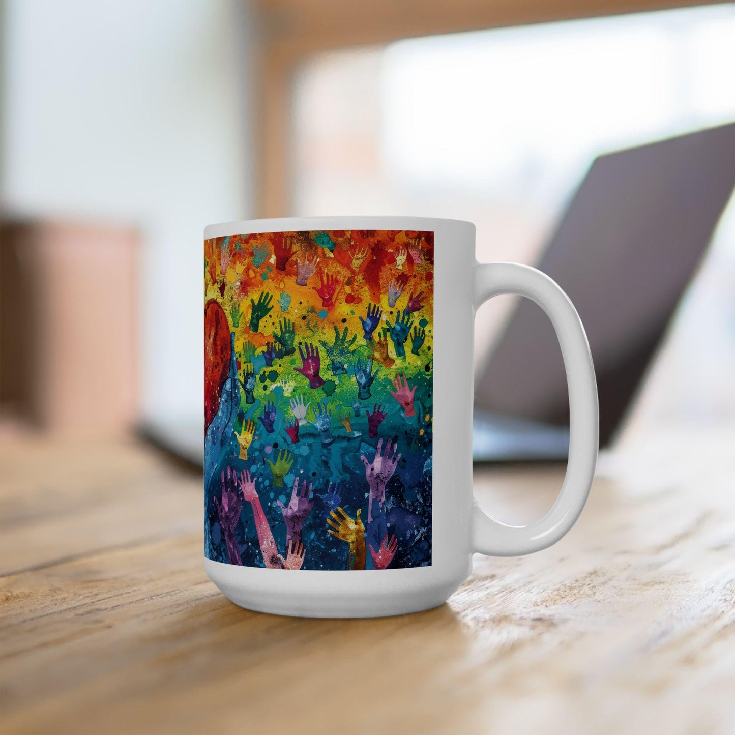ColorFlow | Heart of Pride Art Mug | Rainbow Hands Coffee Cup | 15 oz Ceramic Mug | Love Unity Kindness Gift