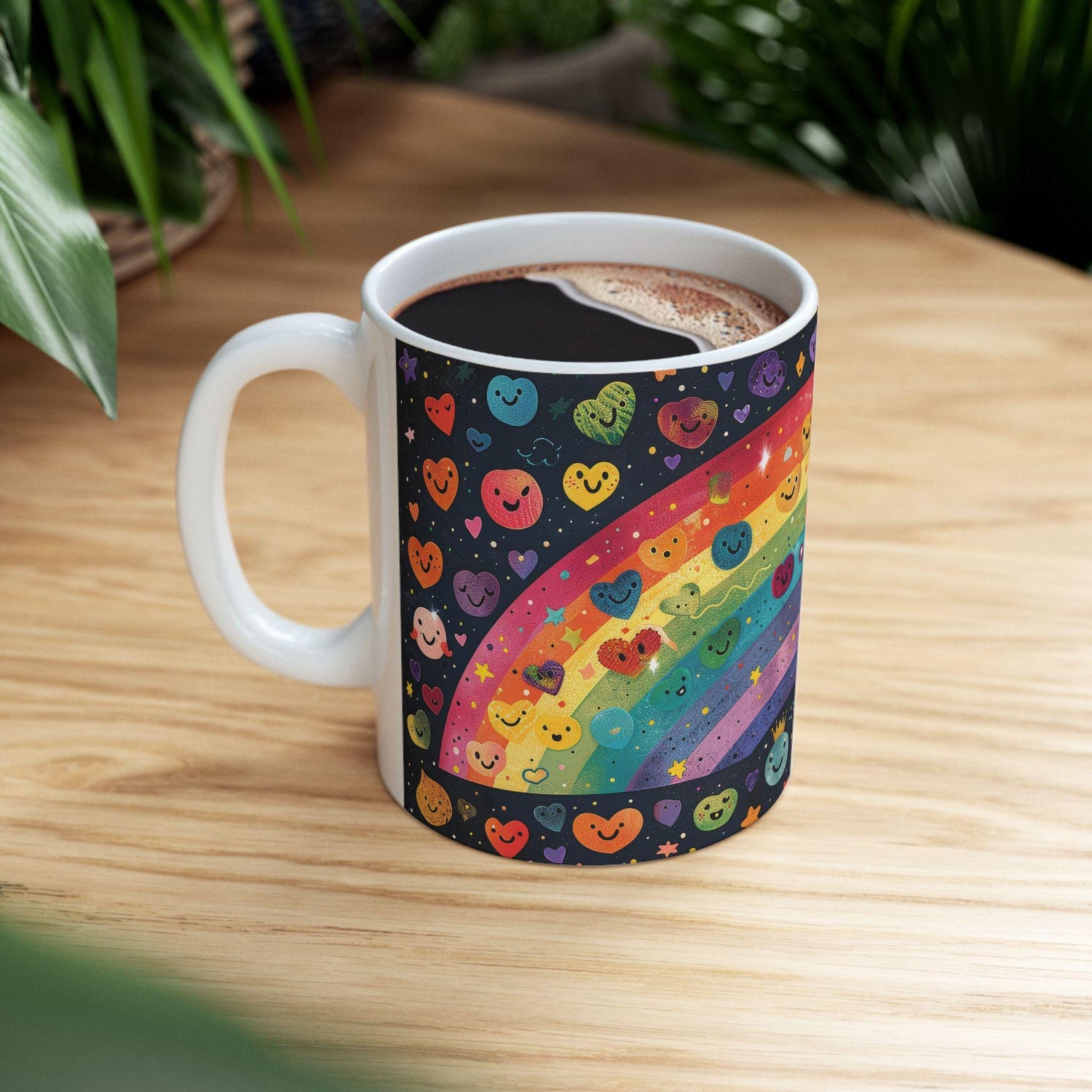 ColorFlow | Smiling Rainbow Universe Mug | Cute Heart Art Coffee Cup | 15 oz Ceramic Mug | Colorful Joy Gift
