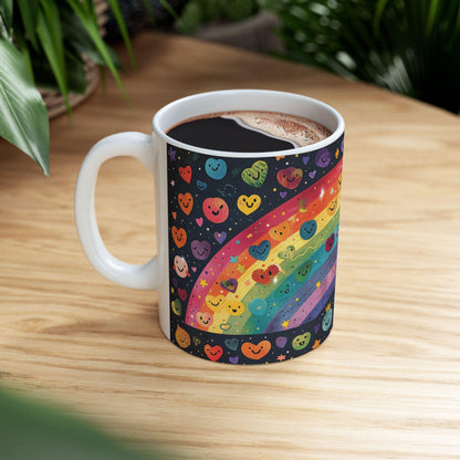 ColorFlow | Smiling Rainbow Universe Mug | Cute Heart Art Coffee Cup | 15 oz Ceramic Mug | Colorful Joy Gift