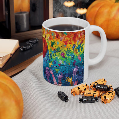 ColorFlow | Heart of Pride Art Mug | Rainbow Hands Coffee Cup | 15 oz Ceramic Mug | Love Unity Kindness Gift