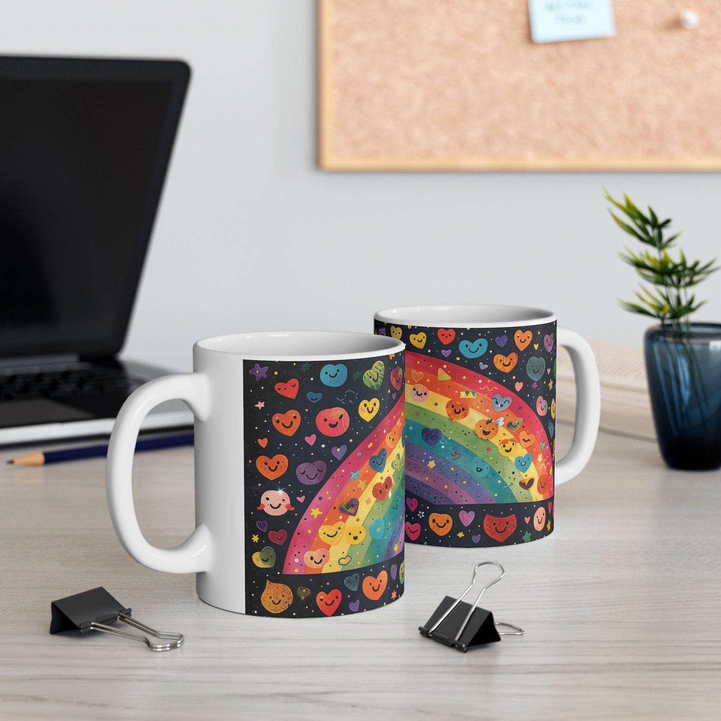 ColorFlow | Smiling Rainbow Universe Mug | Cute Heart Art Coffee Cup | 15 oz Ceramic Mug | Colorful Joy Gift