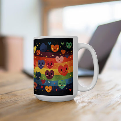 ColorFlow | Rainbow Hearts Smile Mug | Joyful Pride Coffee Cup | 15 oz Ceramic Mug | Cute Colorful Gift for All