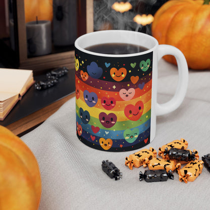 ColorFlow | Rainbow Hearts Smile Mug | Joyful Pride Coffee Cup | 15 oz Ceramic Mug | Cute Colorful Gift for All