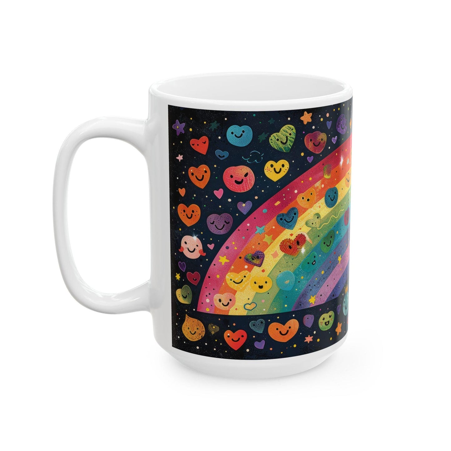 ColorFlow | Smiling Rainbow Universe Mug | Cute Heart Art Coffee Cup | 15 oz Ceramic Mug | Colorful Joy Gift