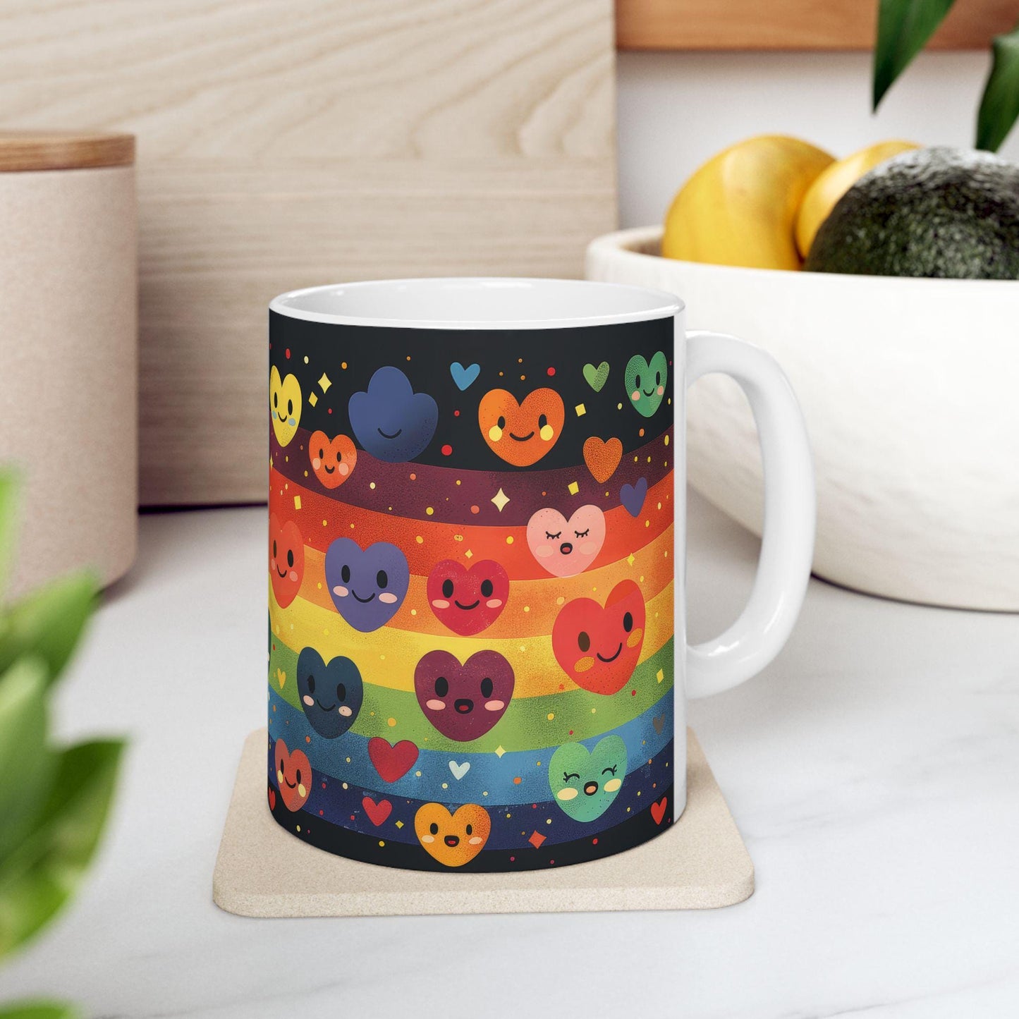 ColorFlow | Rainbow Hearts Smile Mug | Joyful Pride Coffee Cup | 15 oz Ceramic Mug | Cute Colorful Gift for All