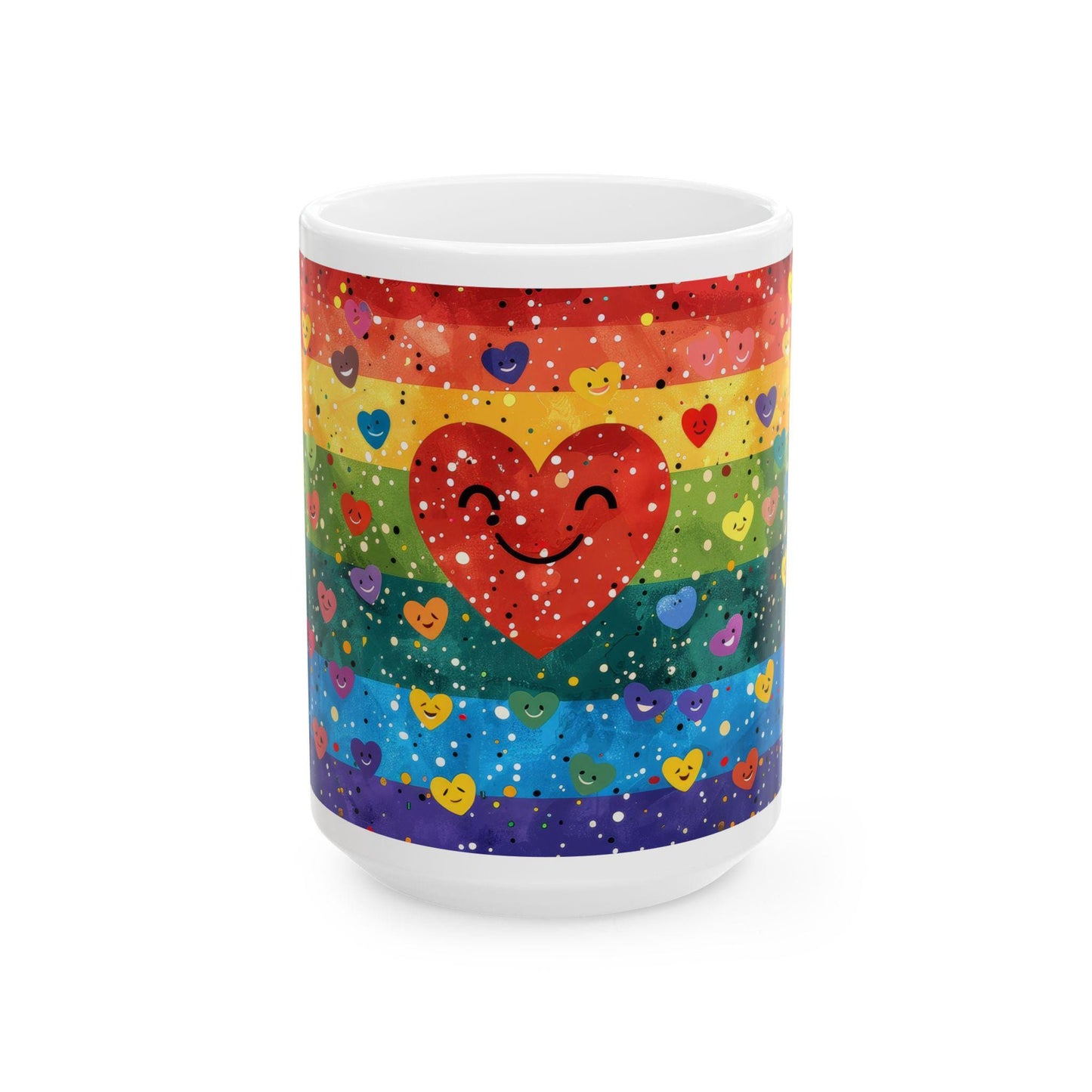 ColorFlow | Heart of Happiness Mug | Rainbow Smiles Coffee Cup | 15 oz Ceramic Mug | Joyful Art Gift for All