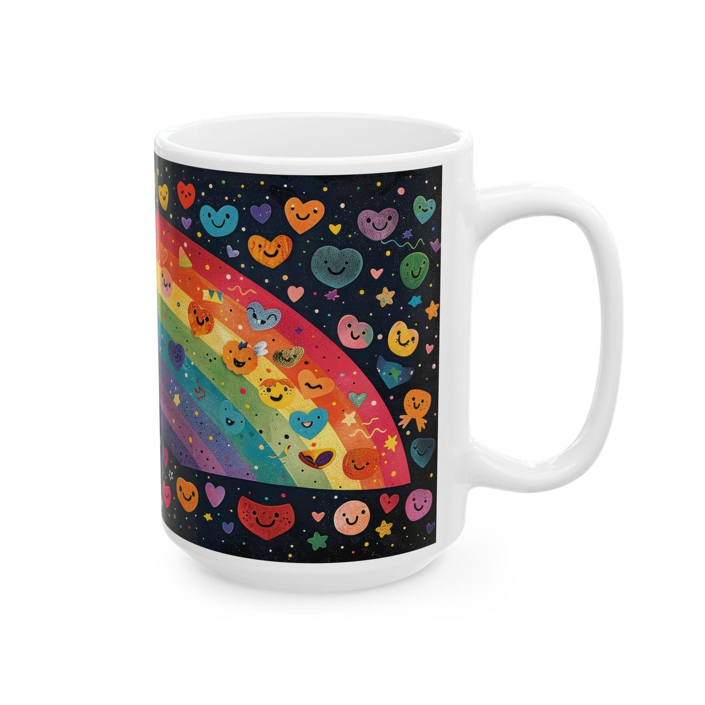 ColorFlow | Smiling Rainbow Universe Mug | Cute Heart Art Coffee Cup | 15 oz Ceramic Mug | Colorful Joy Gift