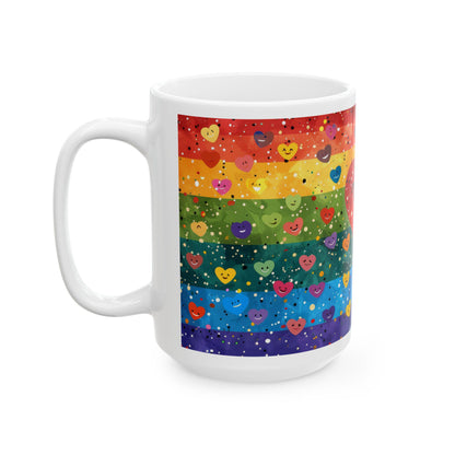 ColorFlow | Heart of Happiness Mug | Rainbow Smiles Coffee Cup | 15 oz Ceramic Mug | Joyful Art Gift for All