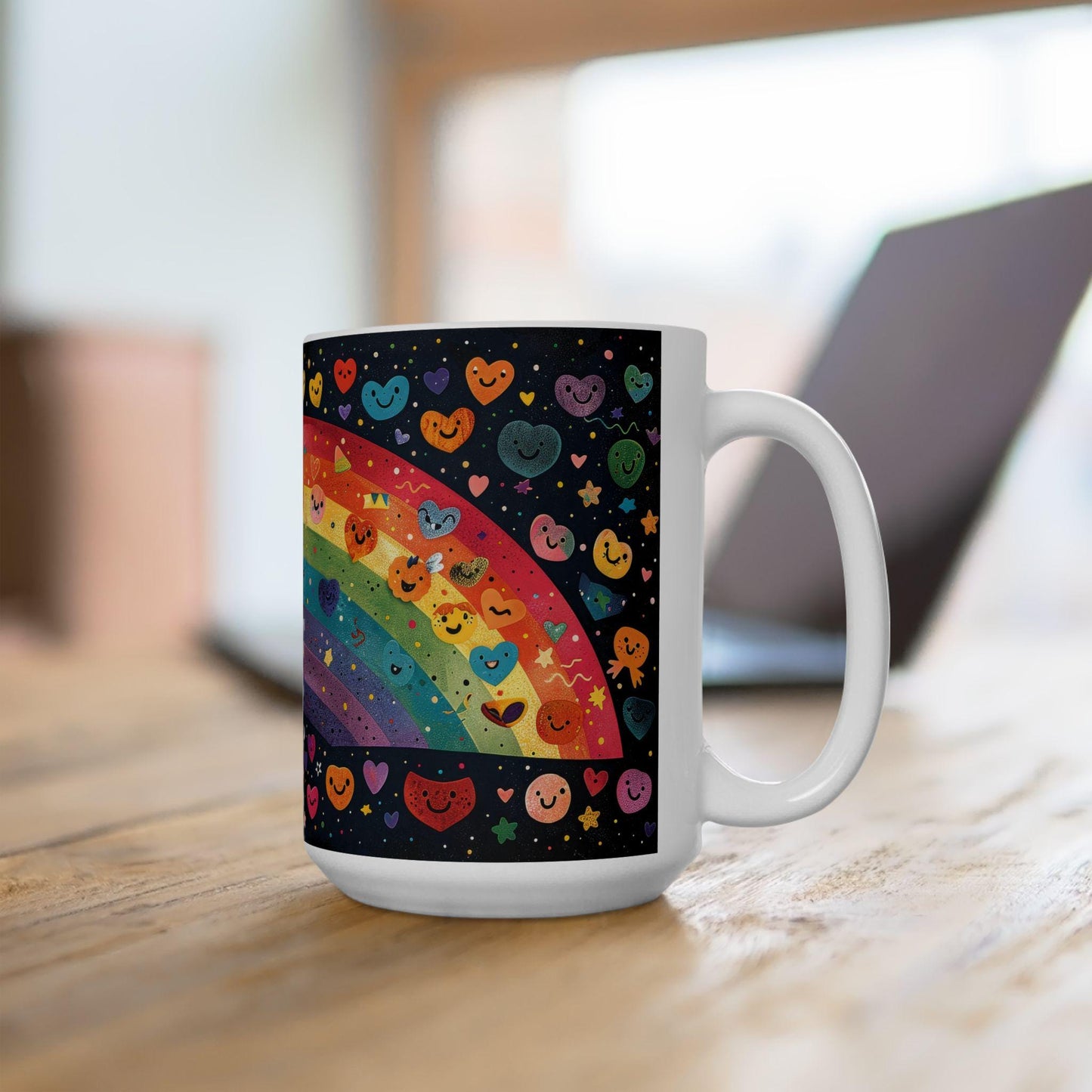ColorFlow | Smiling Rainbow Universe Mug | Cute Heart Art Coffee Cup | 15 oz Ceramic Mug | Colorful Joy Gift