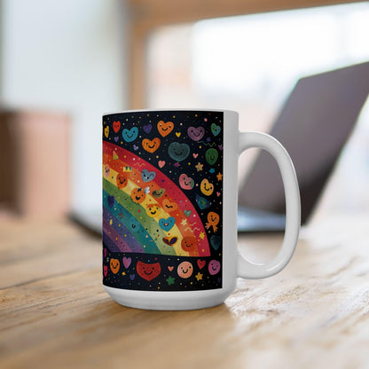 ColorFlow | Smiling Rainbow Universe Mug | Cute Heart Art Coffee Cup | 15 oz Ceramic Mug | Colorful Joy Gift