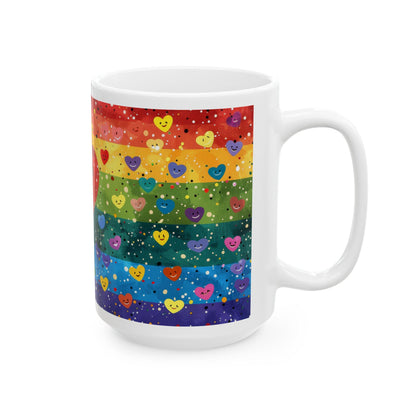 ColorFlow | Heart of Happiness Mug | Rainbow Smiles Coffee Cup | 15 oz Ceramic Mug | Joyful Art Gift for All