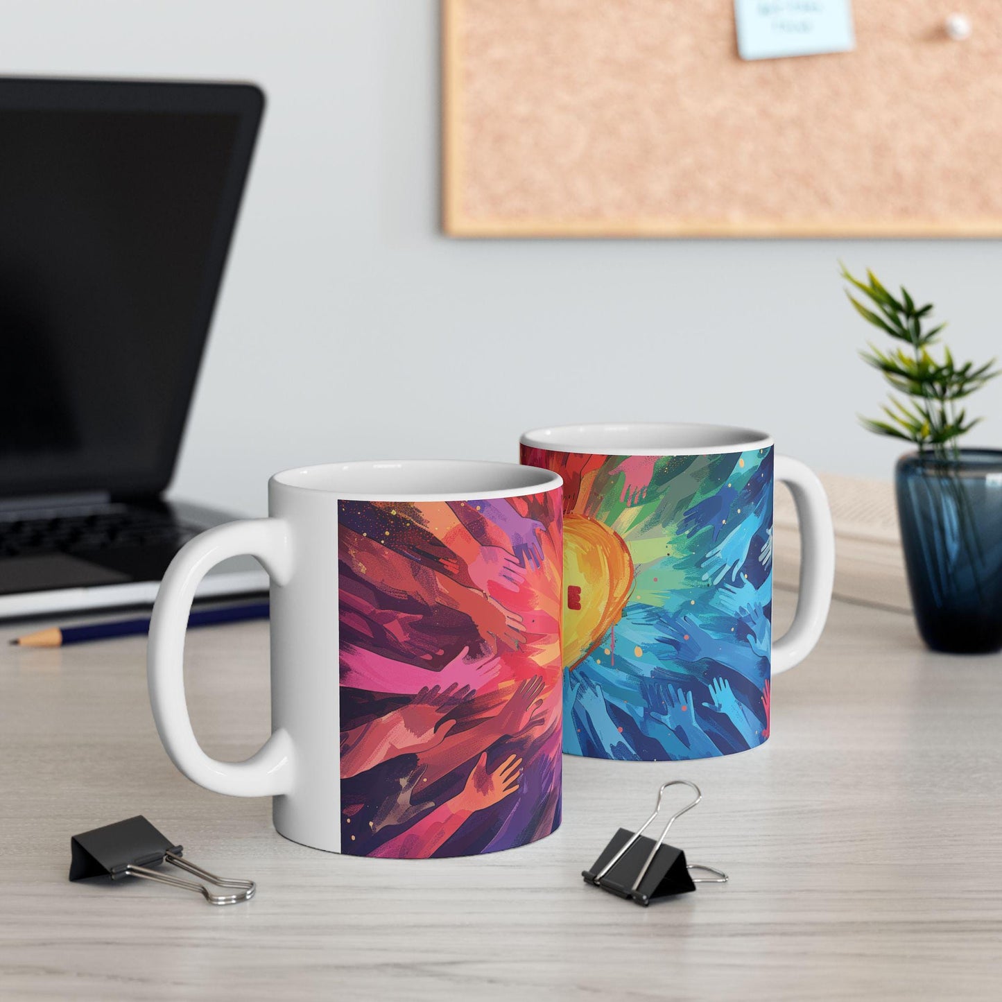 ColorFlow | Pride Heart Unity Mug | Rainbow Hands Art Coffee Cup | 15 oz Ceramic Mug | Empowering Love Gift