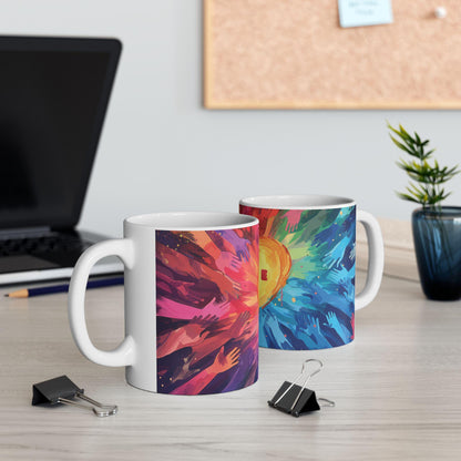 ColorFlow | Pride Heart Unity Mug | Rainbow Hands Art Coffee Cup | 15 oz Ceramic Mug | Empowering Love Gift