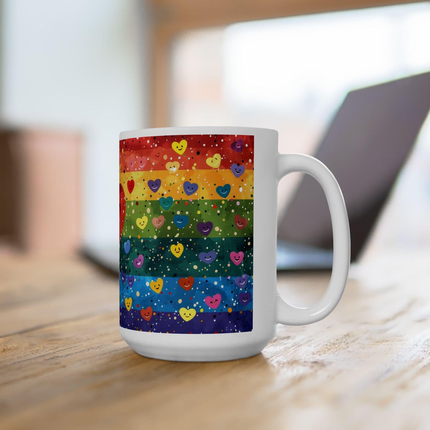 ColorFlow | Heart of Happiness Mug | Rainbow Smiles Coffee Cup | 15 oz Ceramic Mug | Joyful Art Gift for All