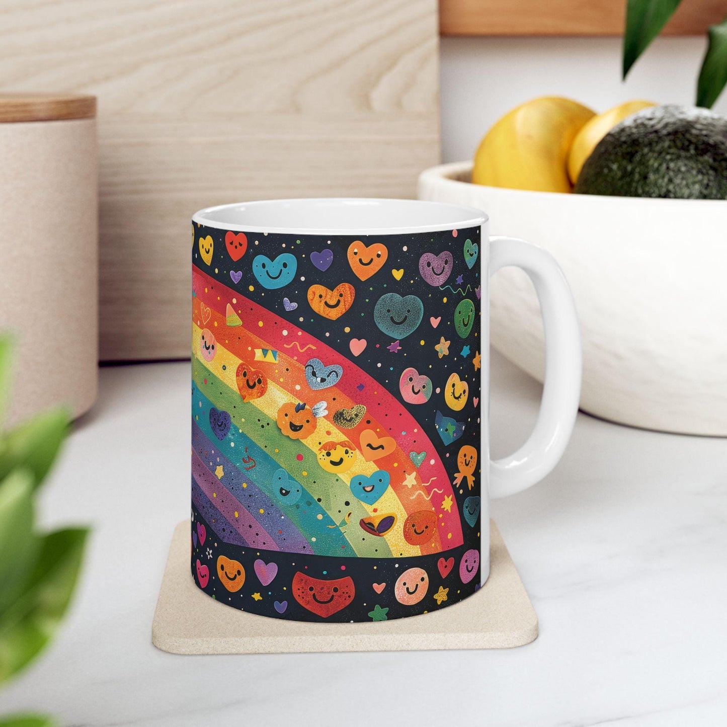ColorFlow | Smiling Rainbow Universe Mug | Cute Heart Art Coffee Cup | 15 oz Ceramic Mug | Colorful Joy Gift