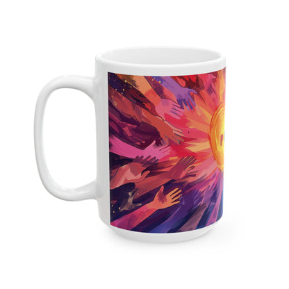 ColorFlow | Pride Heart Unity Mug | Rainbow Hands Art Coffee Cup | 15 oz Ceramic Mug | Empowering Love Gift
