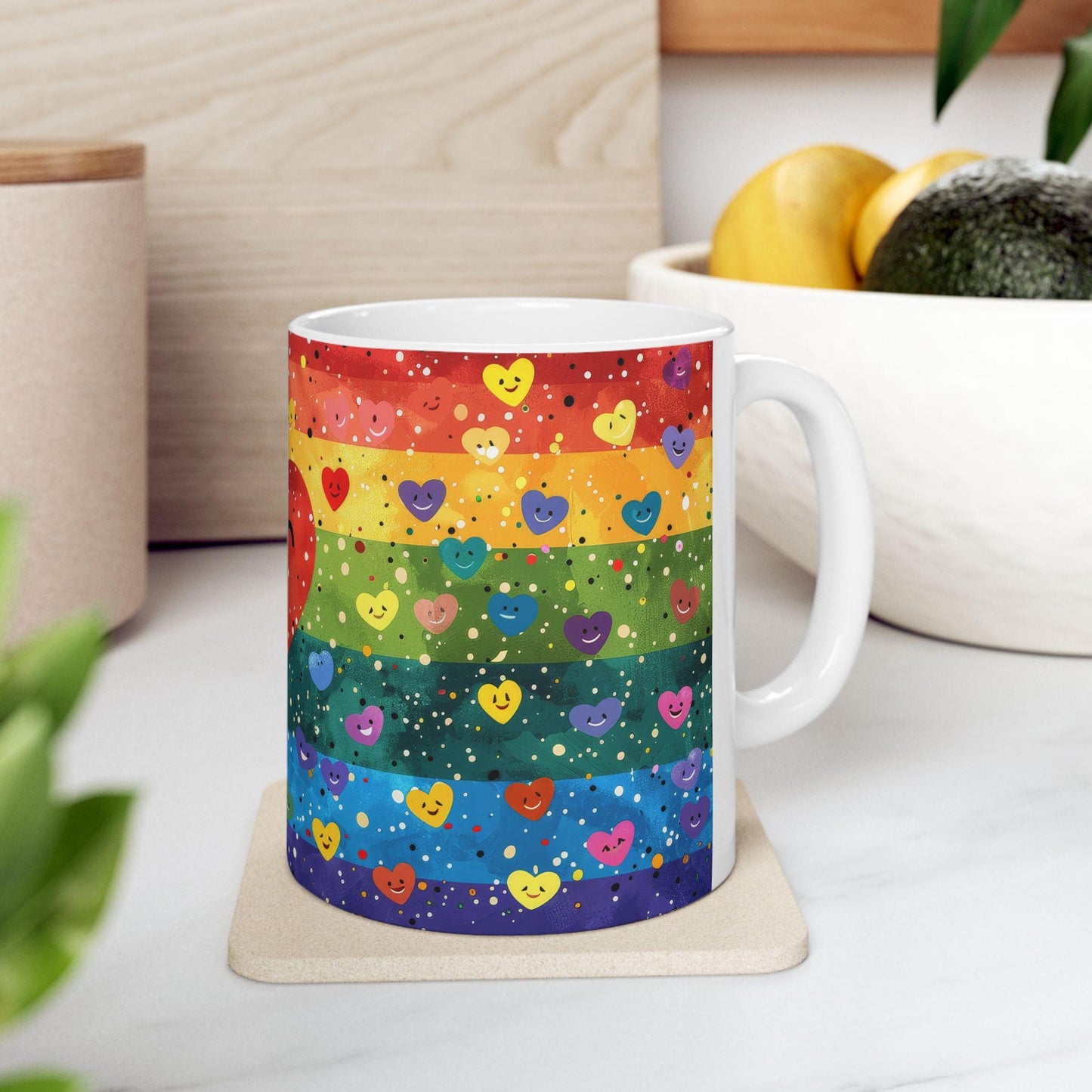 ColorFlow | Heart of Happiness Mug | Rainbow Smiles Coffee Cup | 15 oz Ceramic Mug | Joyful Art Gift for All