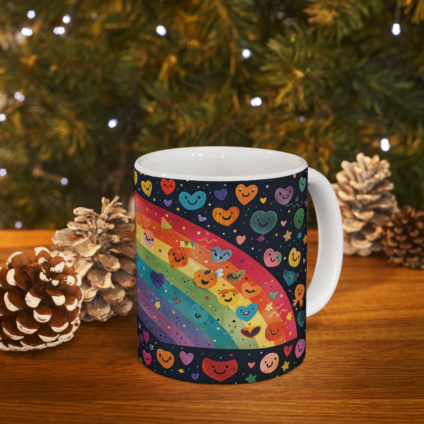 ColorFlow | Smiling Rainbow Universe Mug | Cute Heart Art Coffee Cup | 15 oz Ceramic Mug | Colorful Joy Gift