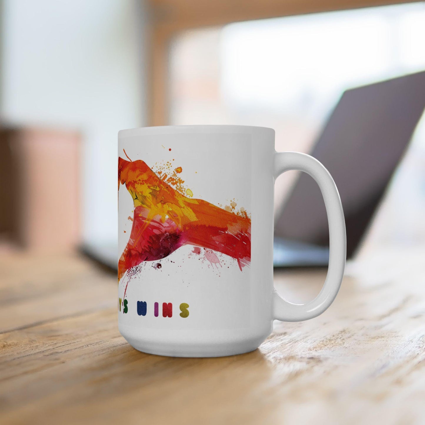 ColorFlow | Love Always Wins Mug | Rainbow Hands Art Coffee Cup | 15 oz Ceramic Mug | Inspiring Gift for Love and Unity