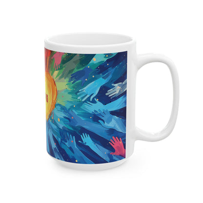 ColorFlow | Pride Heart Unity Mug | Rainbow Hands Art Coffee Cup | 15 oz Ceramic Mug | Empowering Love Gift