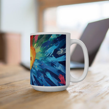 ColorFlow | Pride Heart Unity Mug | Rainbow Hands Art Coffee Cup | 15 oz Ceramic Mug | Empowering Love Gift