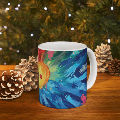 ColorFlow | Pride Heart Unity Mug | Rainbow Hands Art Coffee Cup | 15 oz Ceramic Mug | Empowering Love Gift