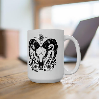 Celestial Ram Skull Coffee Mug | Gothic Floral Astrology Art 15oz