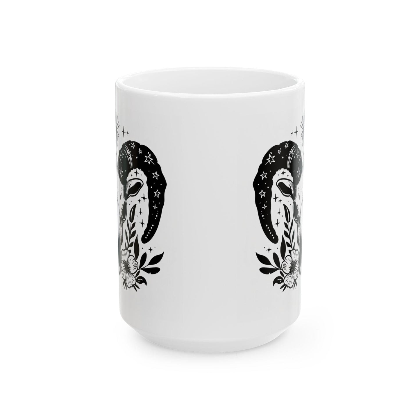 Celestial Ram Skull Coffee Mug | Gothic Floral Astrology Art 15oz