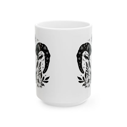Celestial Ram Skull Coffee Mug | Gothic Floral Astrology Art 15oz