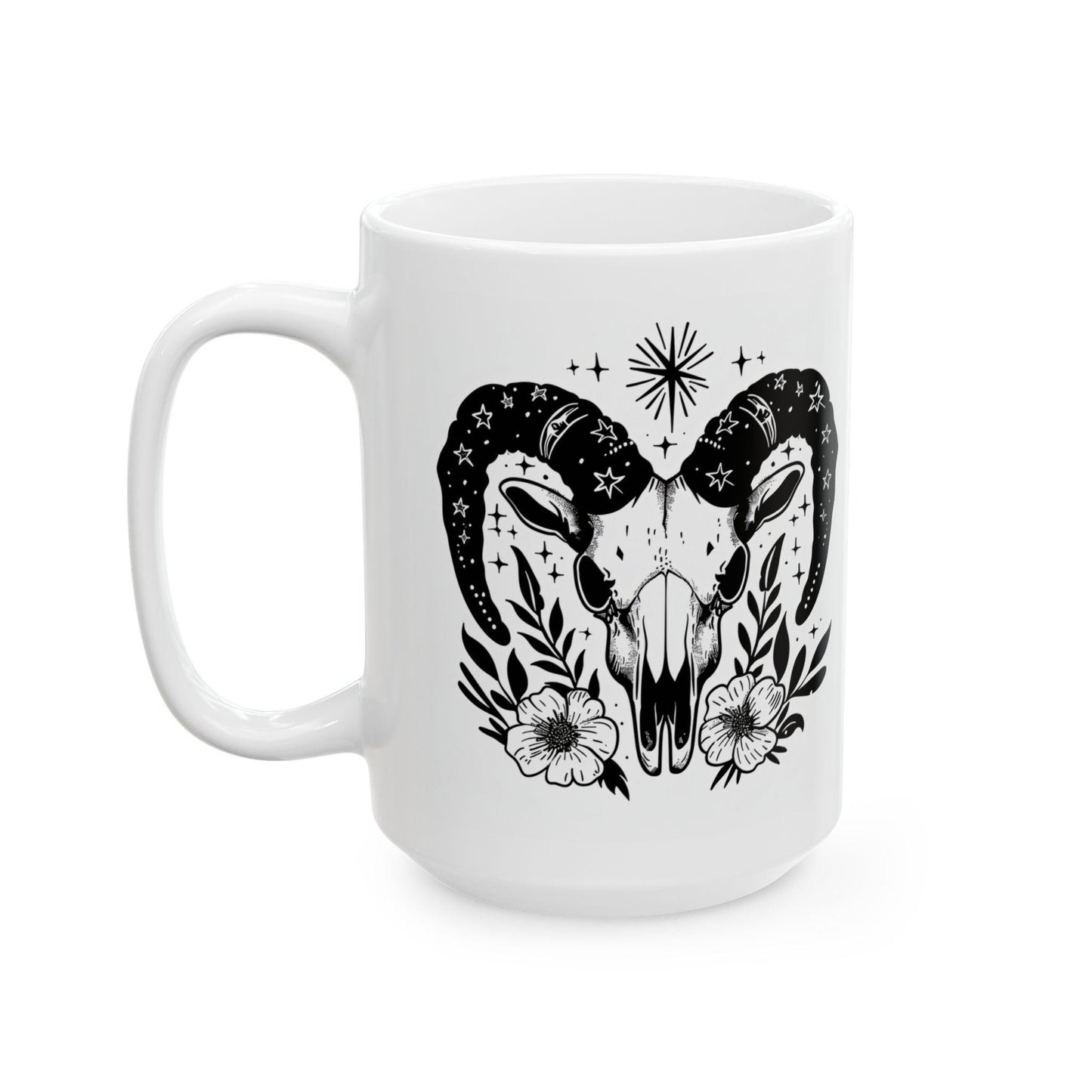 Celestial Ram Skull Coffee Mug | Gothic Floral Astrology Art 15oz