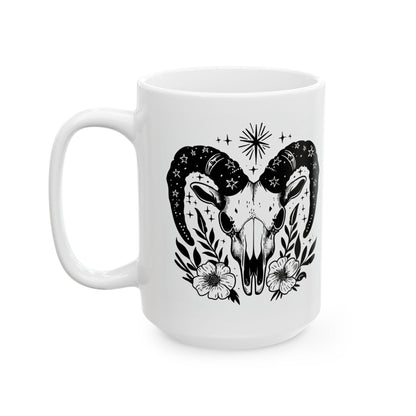 Celestial Ram Skull Coffee Mug | Gothic Floral Astrology Art 15oz
