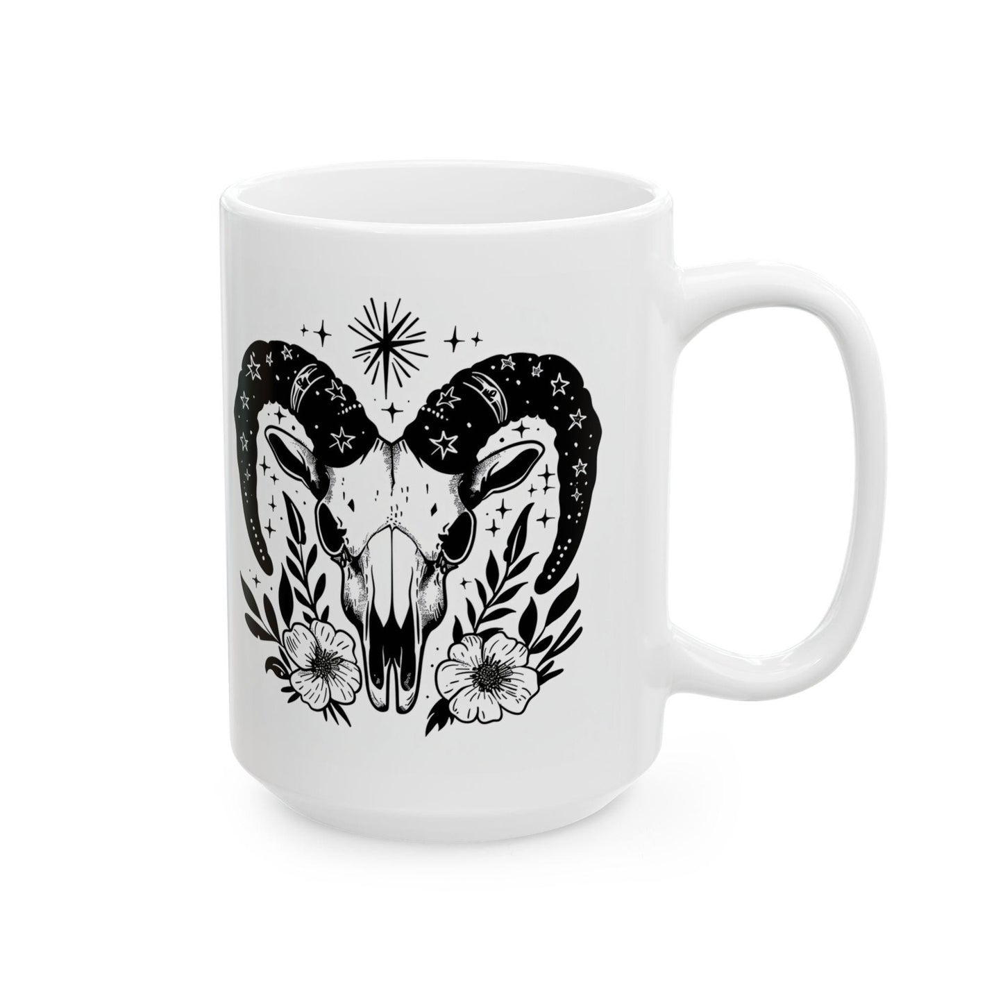 Celestial Ram Skull Coffee Mug | Gothic Floral Astrology Art 15oz