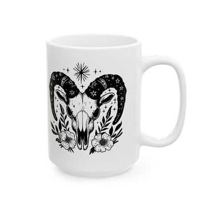 Celestial Ram Skull Coffee Mug | Gothic Floral Astrology Art 15oz