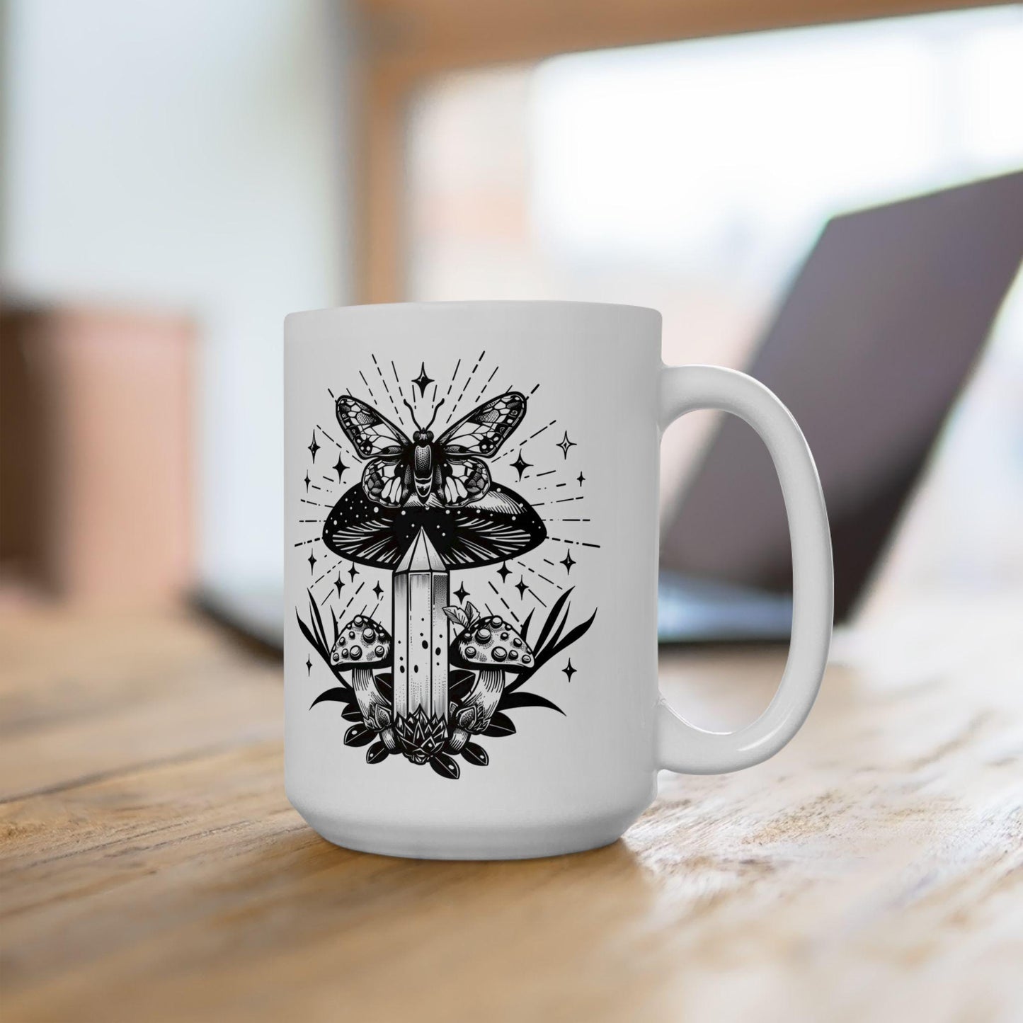 ColorFlow | Butterfly Crystal Mushroom Mug | Mystical 15oz Ceramic Coffee Cup | Boho Nature Art Mug Gift for Dreamers