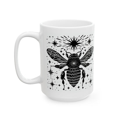 ColorFlow | Celestial Bee Mug | Cosmic Insect 15oz Ceramic Coffee Cup | Witchy Bee Art Mug Gift for Nature Lovers