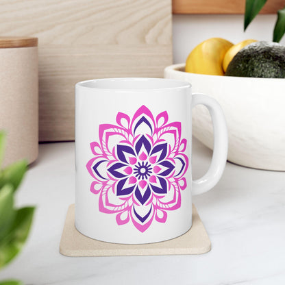 Pink Lotus Mandala Coffee Mug | Feminine Floral Art, 15oz