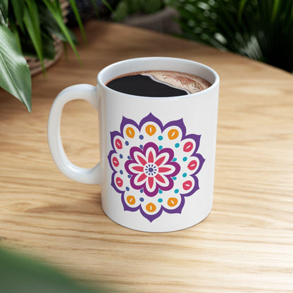 Radiant Bloom Mandala Ceramic Coffee Mug | 15oz Floral Art Cup