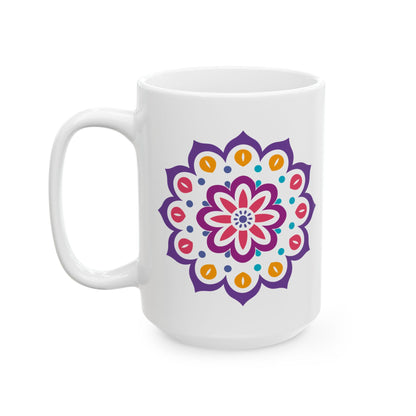 Radiant Bloom Mandala Ceramic Coffee Mug | 15oz Floral Art Cup