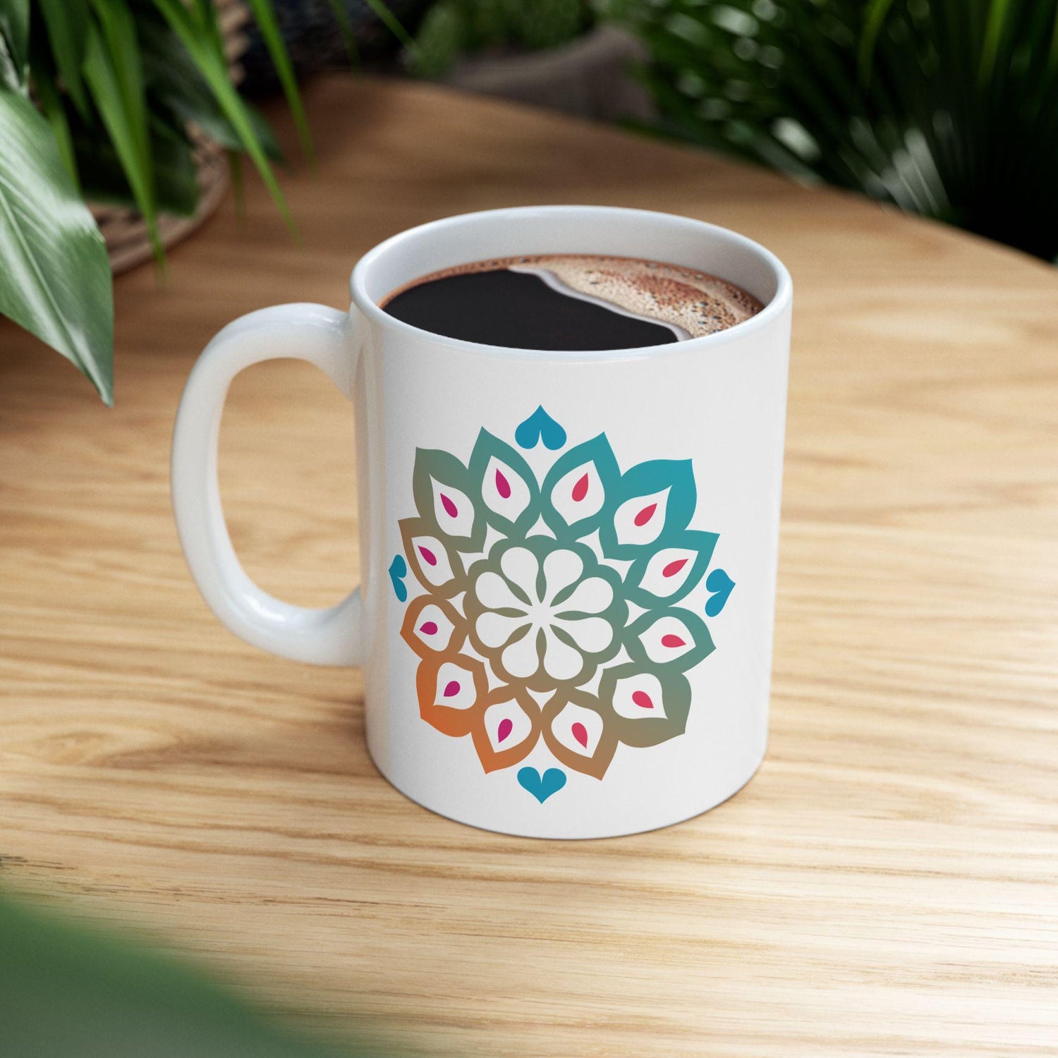 Mandala Art Ceramic Coffee Mug | Tranquil Teal Orange Gradient, 15oz