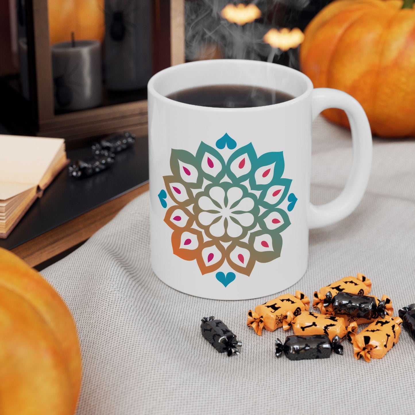Mandala Art Ceramic Coffee Mug | Tranquil Teal Orange Gradient, 15oz