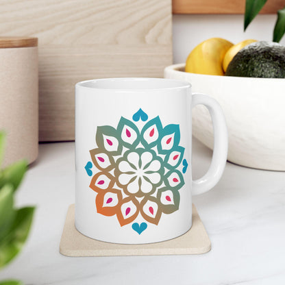 Mandala Art Ceramic Coffee Mug | Tranquil Teal Orange Gradient, 15oz