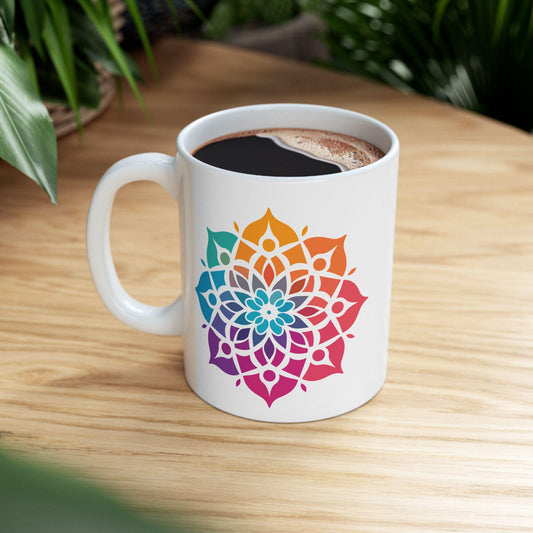 Rainbow Mandala Ceramic Mug | Boho Coffee Cup, 15oz