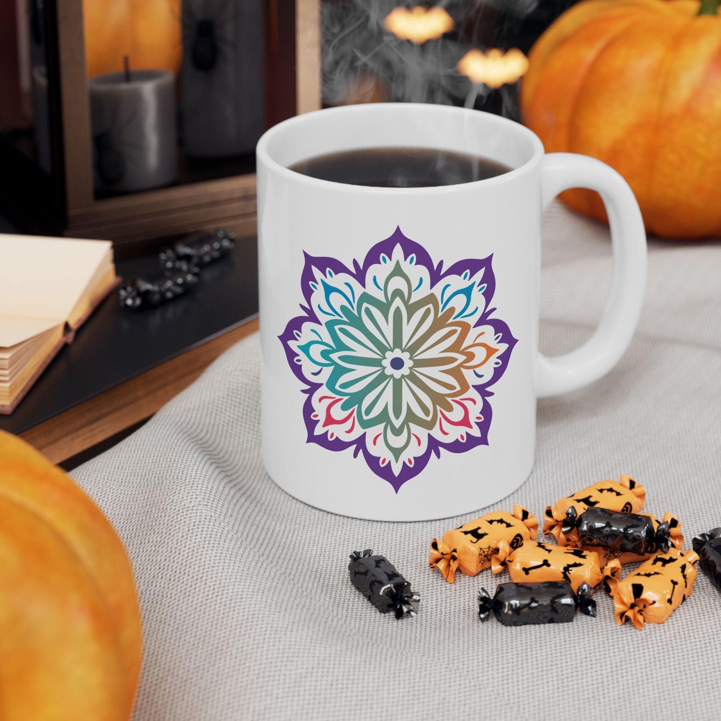 Mandala Ceramic Coffee Mug | Boho Gradient Art, 15oz